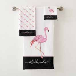 Modern Monogram Name Pink Flamingo Black Badhandtuch Set