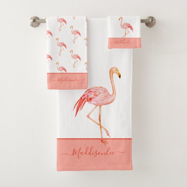 Modern Monogram Name Pink Flamingo Blue Bath Tow Badhandtuch Set (Insitu)