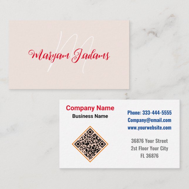 Modern Monogram Name - QR Minimalistisch Blush Pin Visitenkarte (Vorne/Hinten)