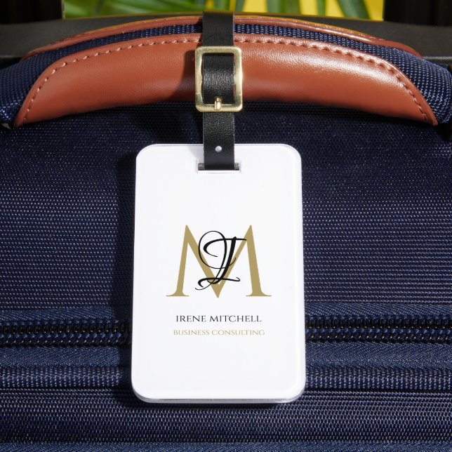Modern Monogram Name Schwarz-weiß Gold Einfach Gepäckanhänger (Vorderseite Insitu 2)