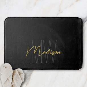 Modern Monogram Name Script Black Gold Badematte