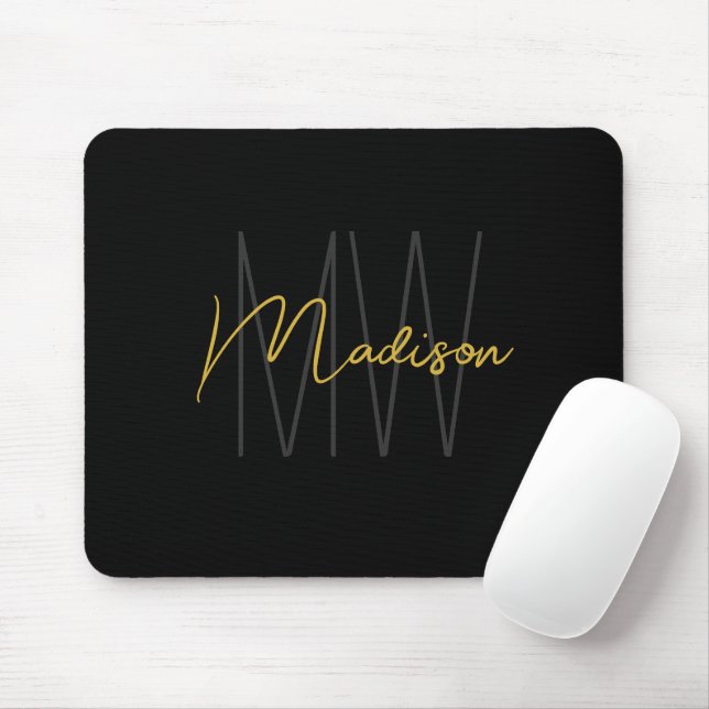 Modern Monogram Name Script Black Gold Mousepad (Mit Mouse)