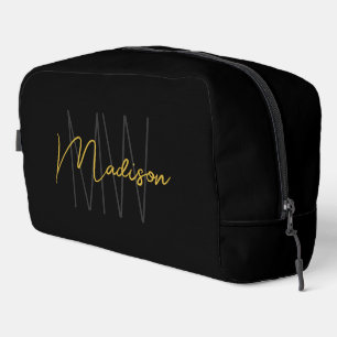 Modern Monogram Name Script Black Gold Waschbeutel