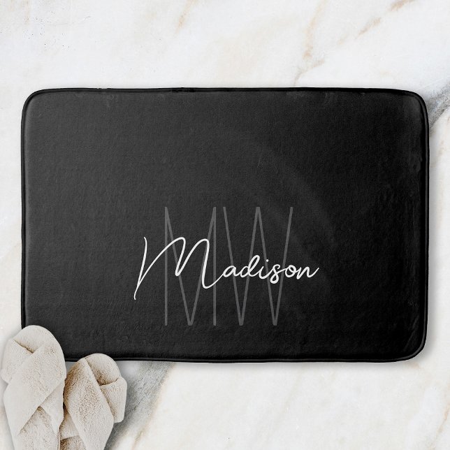 Modern Monogram Name Script Schwarz-weiß Badematte (Modern Monogram Name Script Black White Bath Mat)
