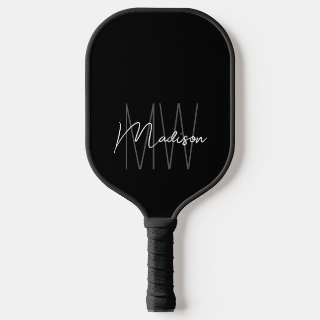 Modern Monogram Name Script Schwarz-weiß Pickleball Schläger (Vorderseite)