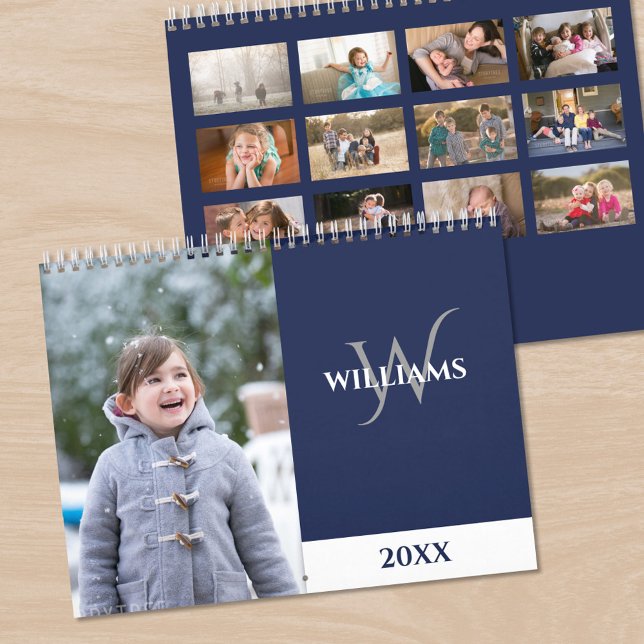 Modern Monogram Navy Blue Photo Kalender (Modern Monogram Navy Blue Photo Calendar, front/back)
