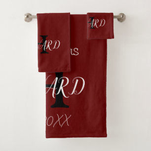 Modern Monogram Newlyweds Burgundy Red Schwarz-wei Badhandtuch Set