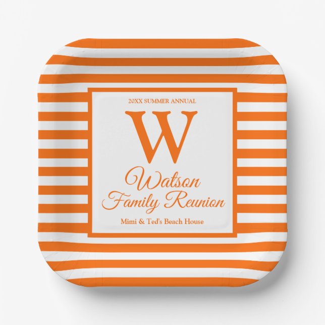 Modern monogram Orange Stripes Family Wiedersehen Pappteller (Vorderseite)
