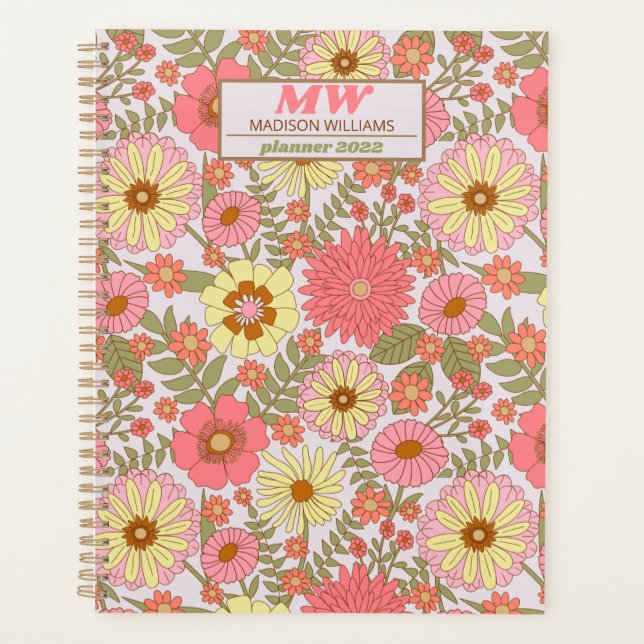 Modern Monogram Pink Floral Pattern 2022 Planer (Vorderseite)