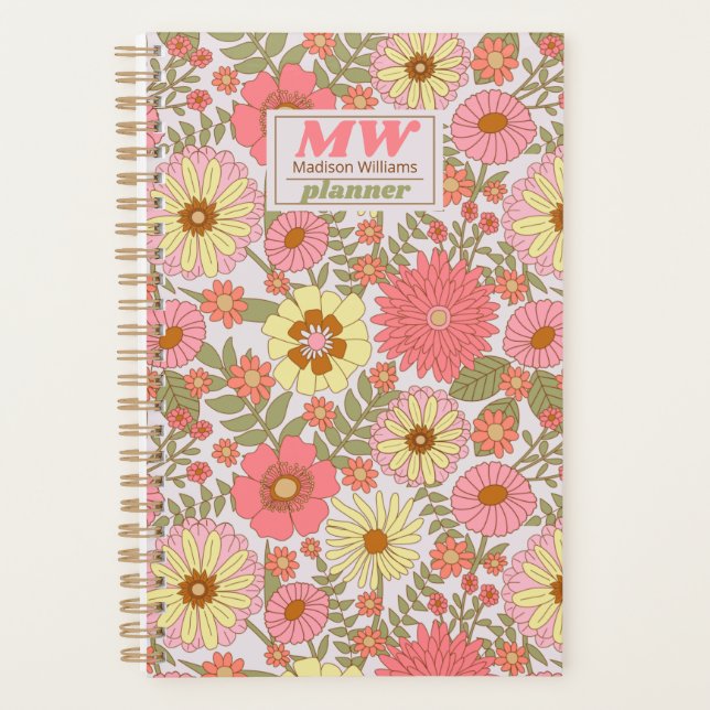 Modern Monogram Pink Floral Pattern 2023 Planer (Vorderseite)