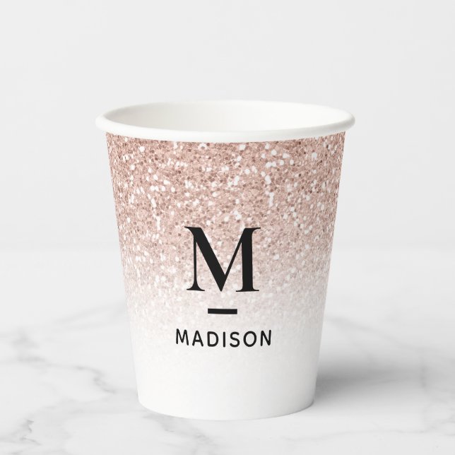 Modern Monogram Pink Rose Gold Glitzer Ombre Name  Pappbecher (Vorderseite)