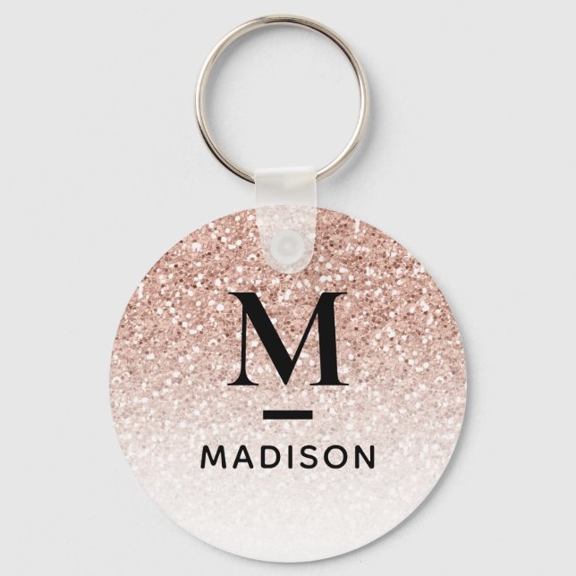 Modern Monogram Pink Rose Gold Glitzer Ombre Name Schlüsselanhänger (Vorderseite)