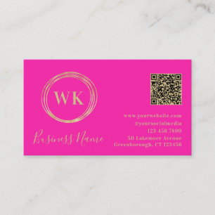Modern Monogram QR Code Hot Pink Gold Visitenkarte