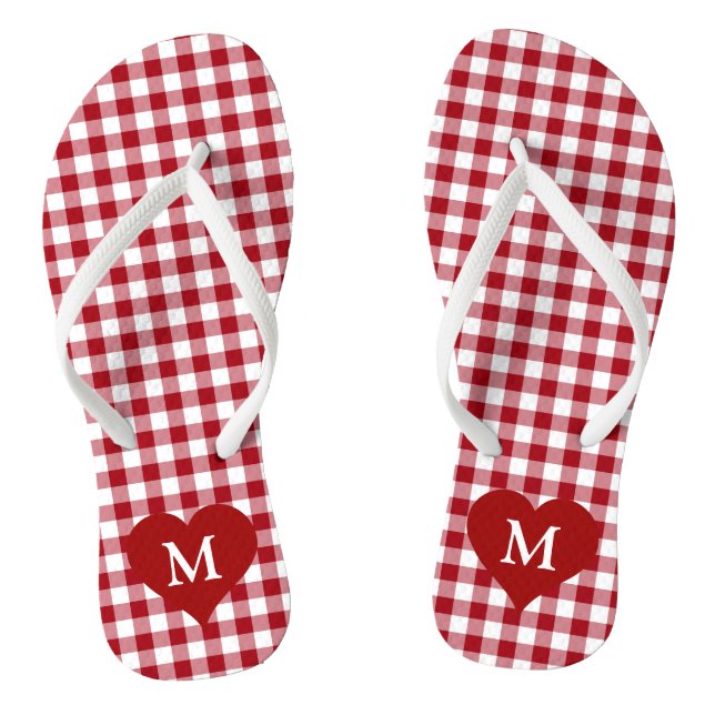 Modern Monogram Red Gingham Check Flip Flops (Fußbett)