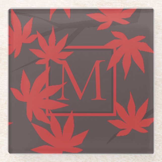 Modern Monogram Red Maple Leaf Grey Glasuntersetzer (Vorderseite)