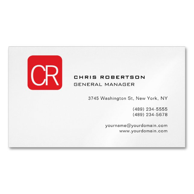 Modern Monogram Red White Professional Plain Magnetische Visitenkarte (Vorderseite)