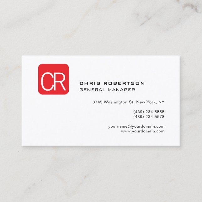 Modern Monogram Red White Professional Plain Visitenkarte (Vorderseite)