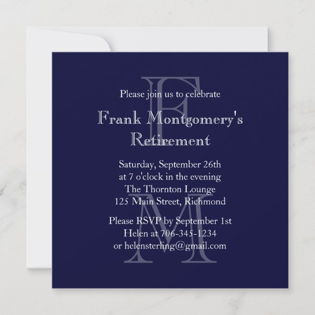 Modern Monogram Retirement Invitation (Marine) Einladung (Vorderseite)