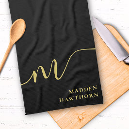 Modern Monogram Script Calligraphy Black Gold Name Geschirrtuch