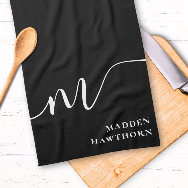 Modern Monogram Script Calligraphy Schwarz-weiß Geschirrtuch (Von Creator hochgeladen)