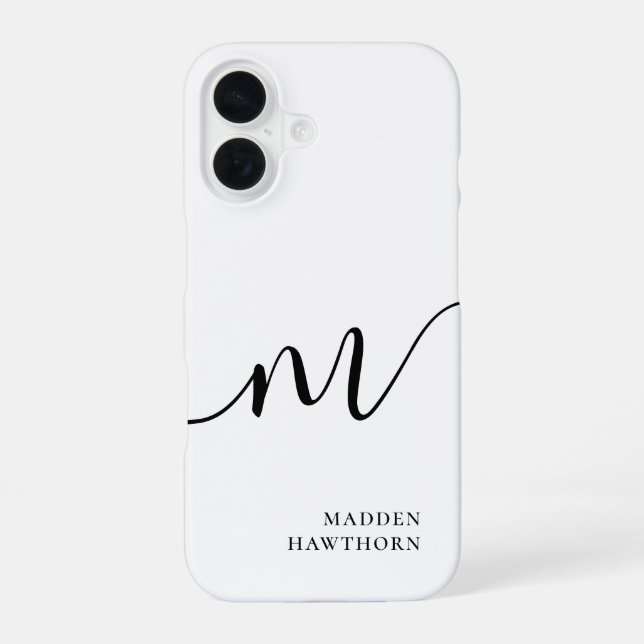 Modern Monogram Script Calligraphy Schwarz-weiß iPhone 16 Hülle (Rückseite)