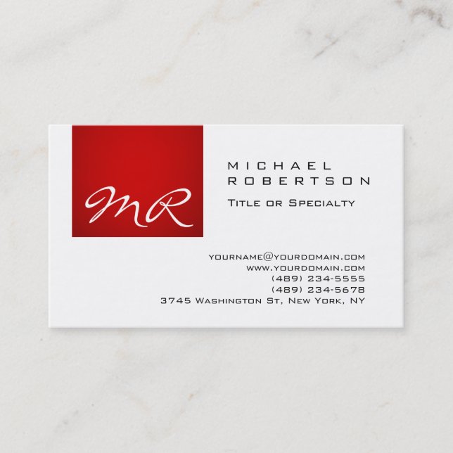 Modern Monogram Script White Red Business Card Visitenkarte (Vorderseite)