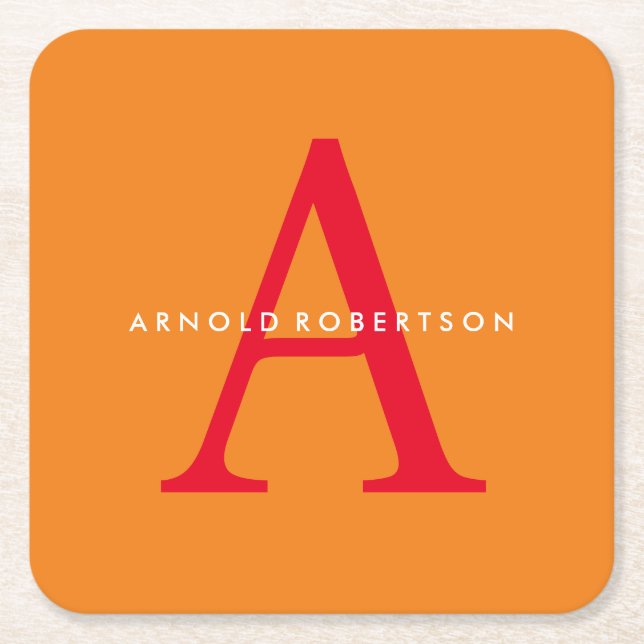 Modern Monogram Trendy Orange Red Rechteckiger Pappuntersetzer (Vorderseite)