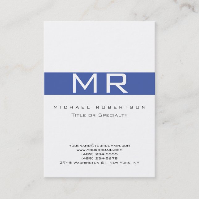 Modern Monogram White Blue Business Card Visitenkarte (Vorderseite)