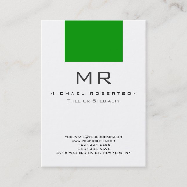Modern Monogram White Green Clean Business Card Visitenkarte (Vorderseite)