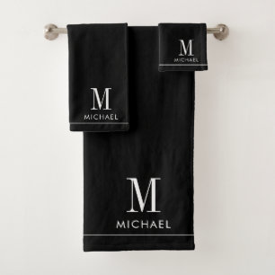 Modern Monogram White Initial Name Black Badhandtuch Set