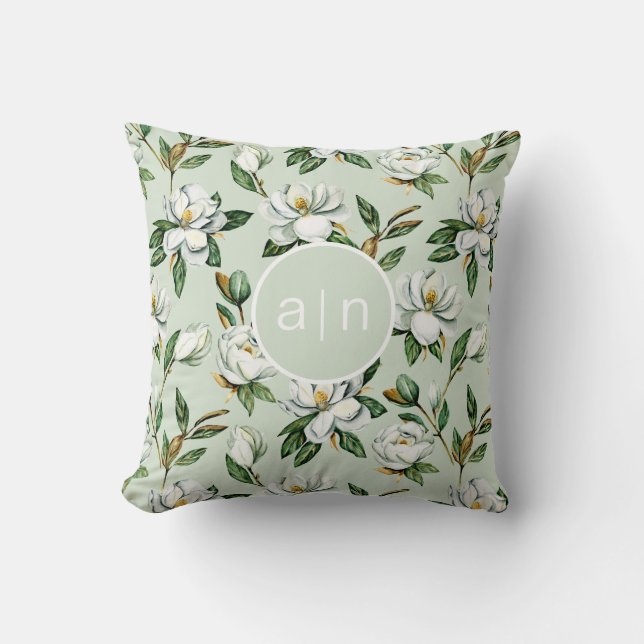 Modern Monogram White Magnolia Kissen (Vorderseite)