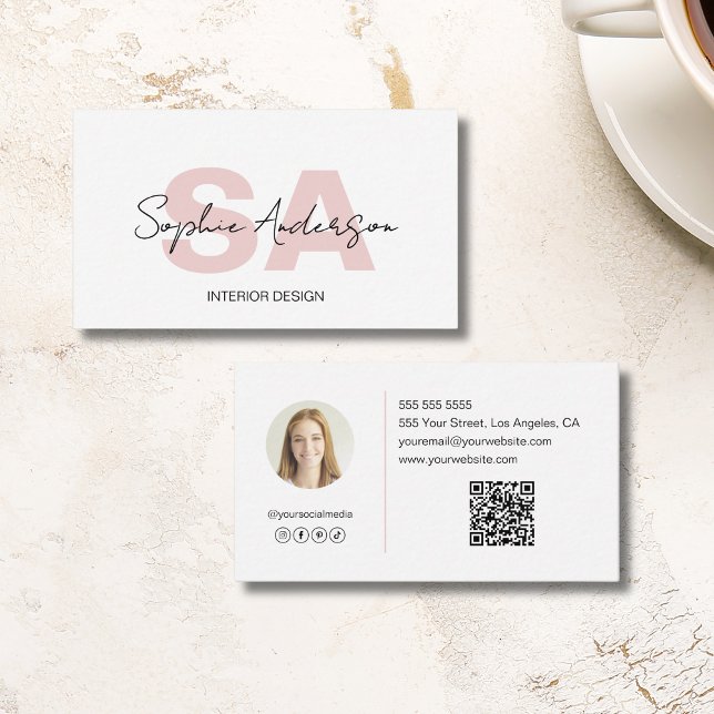Modern monogram white pink Beruflich Visitenkarte (Modern Monogram White Pink Professional Business Card)