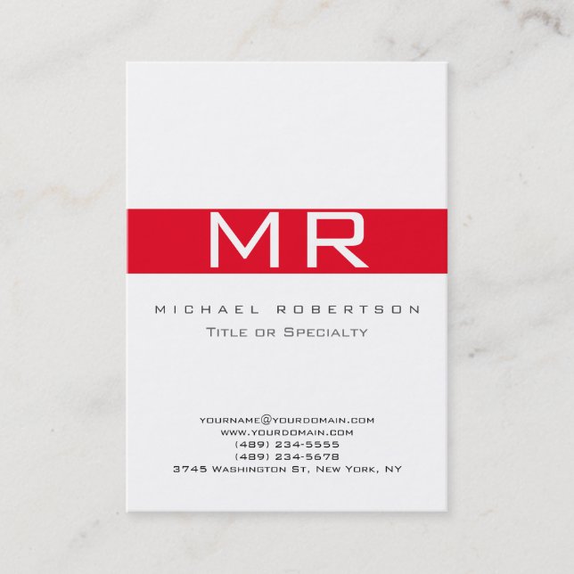Modern Monogram White Red Business Card Visitenkarte (Vorderseite)