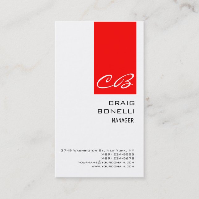 Modern Monogram White Red Schlicht Business Card Visitenkarte (Vorderseite)