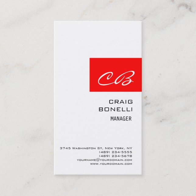Modern Monogram White Red Schlicht Business Card Visitenkarte (Vorderseite)