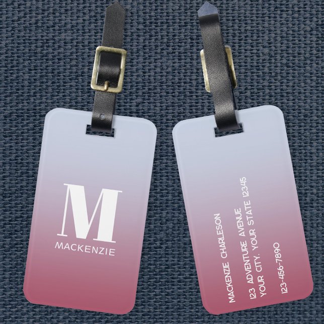 Modern Monogramm Anfangsname Pink Blue Gradient Gepäckanhänger (Simple modern monogram name personalized pink blue gradient luggage tag)