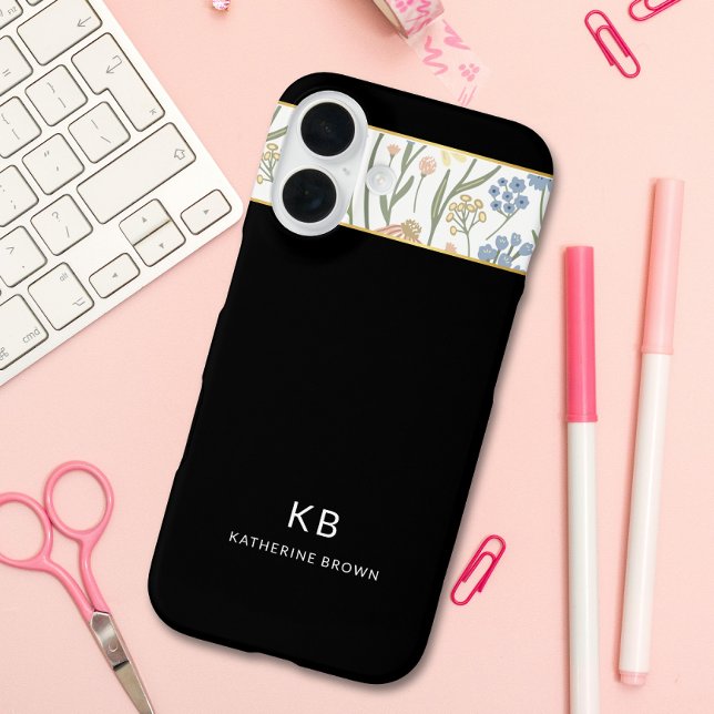 Modern Monogramm Cute Black Floral Pattern  Case-Mate iPhone Hülle (Von Creator hochgeladen)