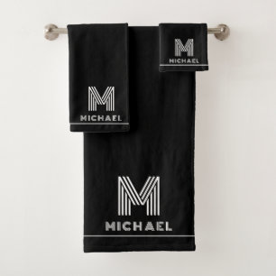 Modern Monogramm Herren Schwarz Badhandtuch Set