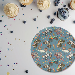 Modern Monster Truck Birthday Watercolor Blau Pappteller