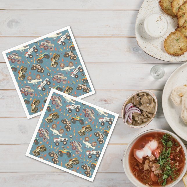 Modern Monster Truck Birthday Watercolor Blau Serviette (Von Creator hochgeladen)