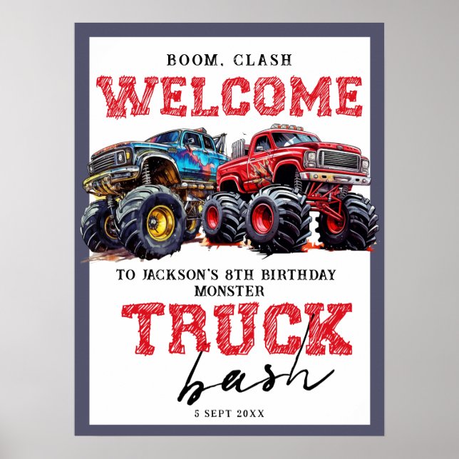 Modern Monster Truck Geburtstagsparty Begrüßungsze Poster (Vorne)