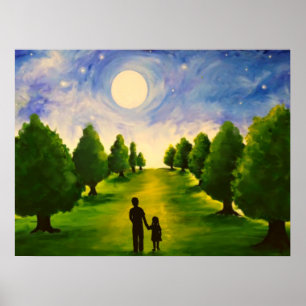 Modern moonlit evening with trees walking with Dad Poster