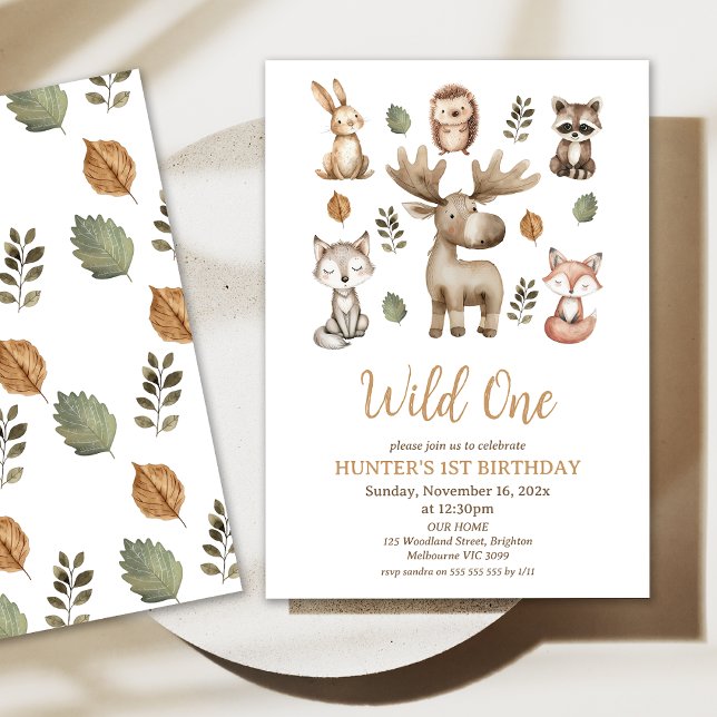 Modern Moose Woodland Wild 1. Geburtstag Einladung (Woodland Wild One 1st Birthday Party Invitation, Woodland Wild One Birthday Invitation, Wild One )