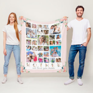 Modern MOTHER Foto Collage Blush Pink Blues Floral Fleecedecke