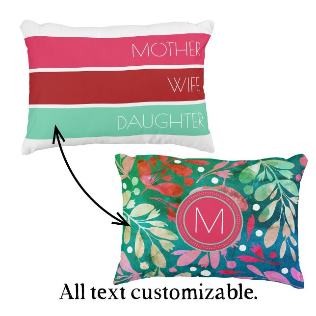 Modern Mother's Day Trendy Typografy Dekokissen (Customizable Mother's Day pillow in pink, red, and mint. Personalize with initial and text.)