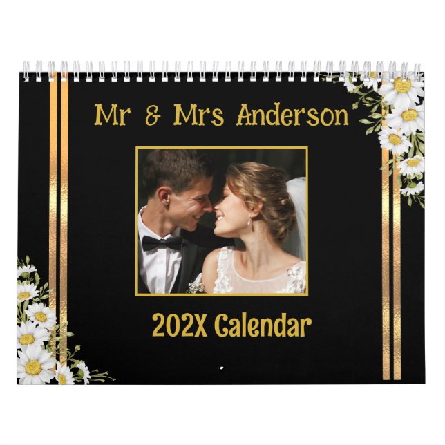 Modern Mr. and Mrs. Couple Gold Floral Foto Kalender (Titelbild)
