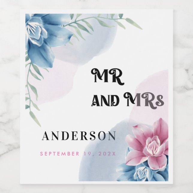 Modern Mr. and Mrs. Party wedding eucalyptus wine Weinetikett (Einzelnes Label)