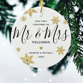 Modern Mr. & Mrs. Gold Snowflake Unser 1. Weihnach Keramik Ornament