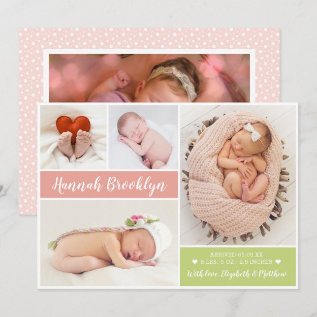 Modern Multi Foto Birth Announcement Card Ankündigung (Vorne/Hinten)