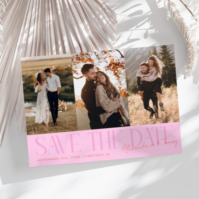 Modern Multi Photo Couple's Signature Orange Pink Save The Date (Von Creator hochgeladen)